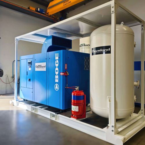 Customised air compressor solution of a 1000 Volt Skid Packages 160Kw Compressors for underground mining use. Complete with fire suppression.