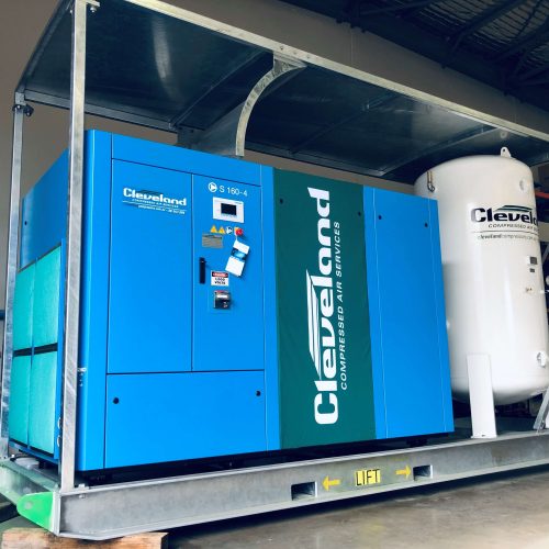 A 160kW BOGE S160-4 compressor installed on a skid with a Cleveland-branded compressed air receiver tank, ready for deployment in underground mining operations.