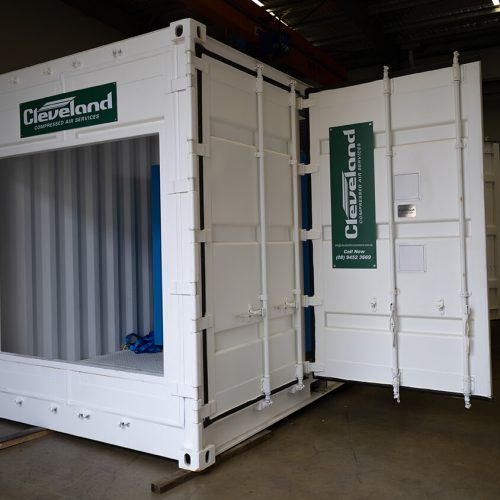 Cleveland Compressors cyclone-rated container designed for mining operations, showcasing heavy-duty construction and ample ventilation to house advanced compressor systems.