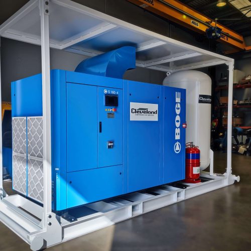 Customised air compressor solution of a 1000 Volt Skid Packages 160Kw Compressors for underground mining use. Complete with fire suppression.